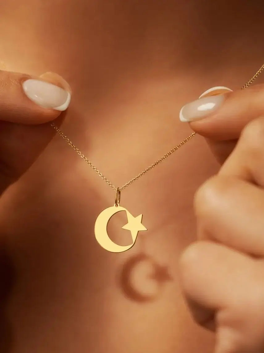 Stainless Steel Crescent Moon Star Necklace for Men Women Spiritual Islamic Muslim Amulet Pendant Turkish Religious Jewelry