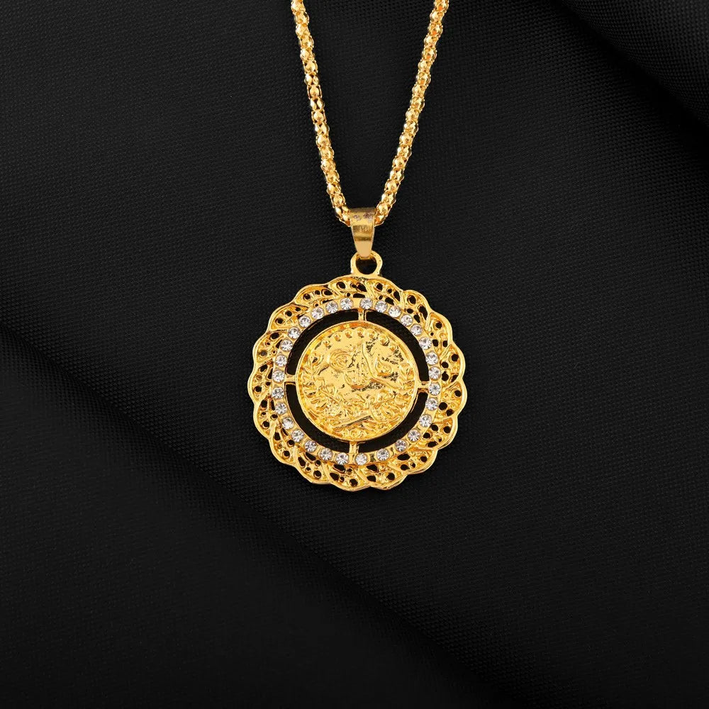 Muslim Islamic Rune Round Pendant Necklace Middle Eastern Turkish Crystal Hollow-Out Pendant Neck Chain for Women Accessories