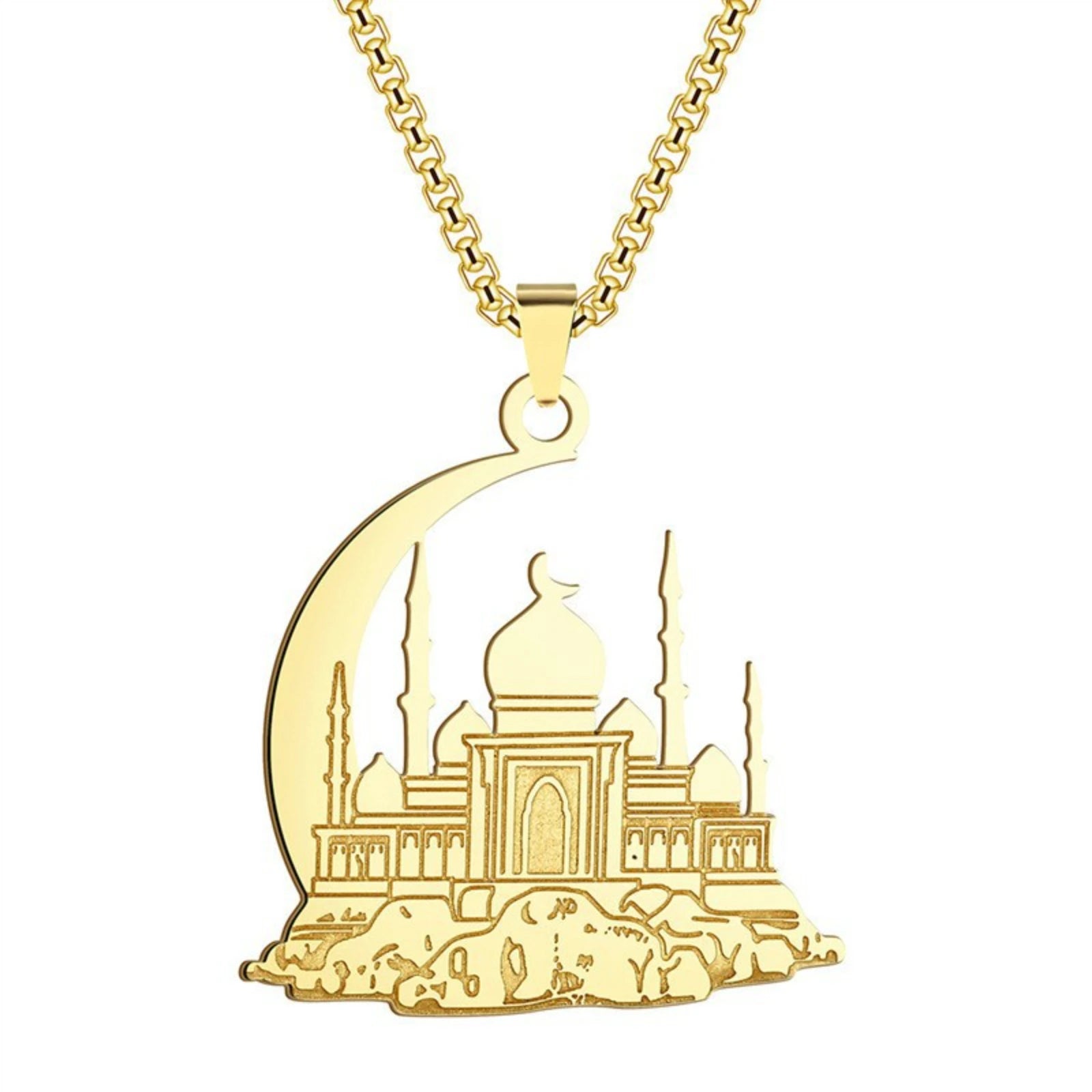 Mosque Crescent Moon Pendant Necklace for Women Men Islamic Muslim Stainless Steel Jewelry Gift
