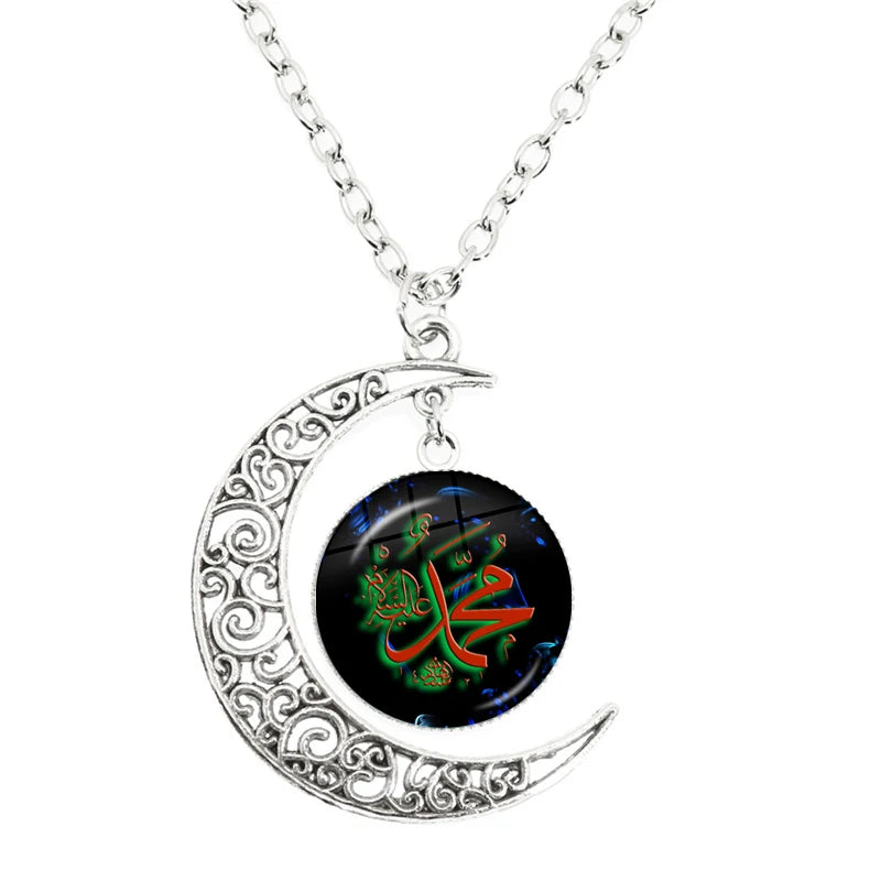 New Islamic Muslim Arab Moon Necklace Allah Logo Glass Pendant Diy Handmade Give Friends Gift Jewelry