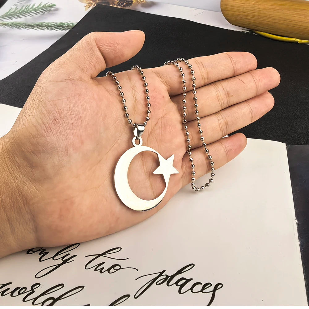 Men's Women's Spirit Stainless Steel Crescent Star Necklace Islamic Muslim Amulet Pendant Turkish Religious Jewelry Accessories