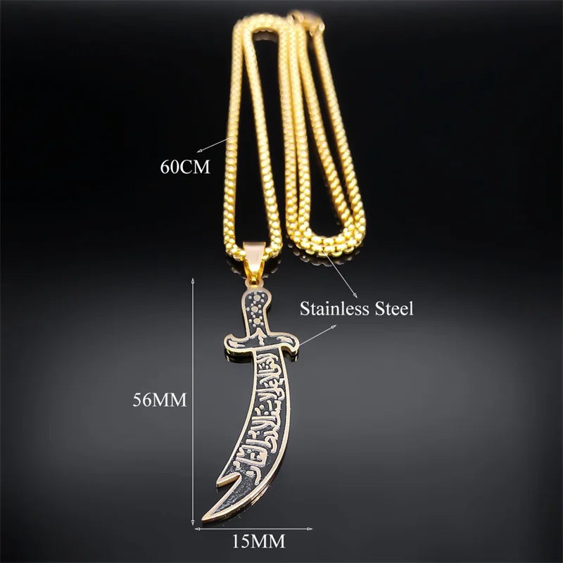 Arabic Ali Sword Knife Chain Necklaces for Men Stainless Steel Gold Color Muslim Islamic Necklace Jewelry collar acero N558S02