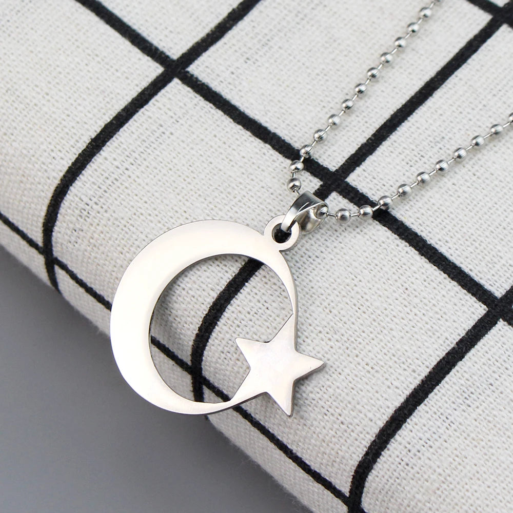 Men's Women's Spirit Stainless Steel Crescent Star Necklace Islamic Muslim Amulet Pendant Turkish Religious Jewelry Accessories