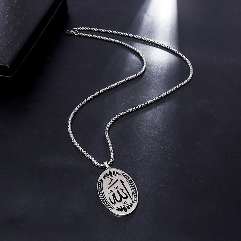 Allah Scripture Round Medal Pendant Stainless Steel Necklace Mens Islamic Jewelry Amulets Muslim Gifts