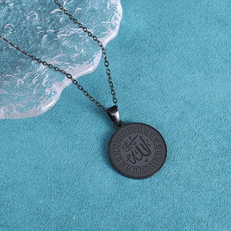 Allah Scripture Round Medal Pendant Stainless Steel Necklace Mens Islamic Jewelry Amulets Muslim Gifts
