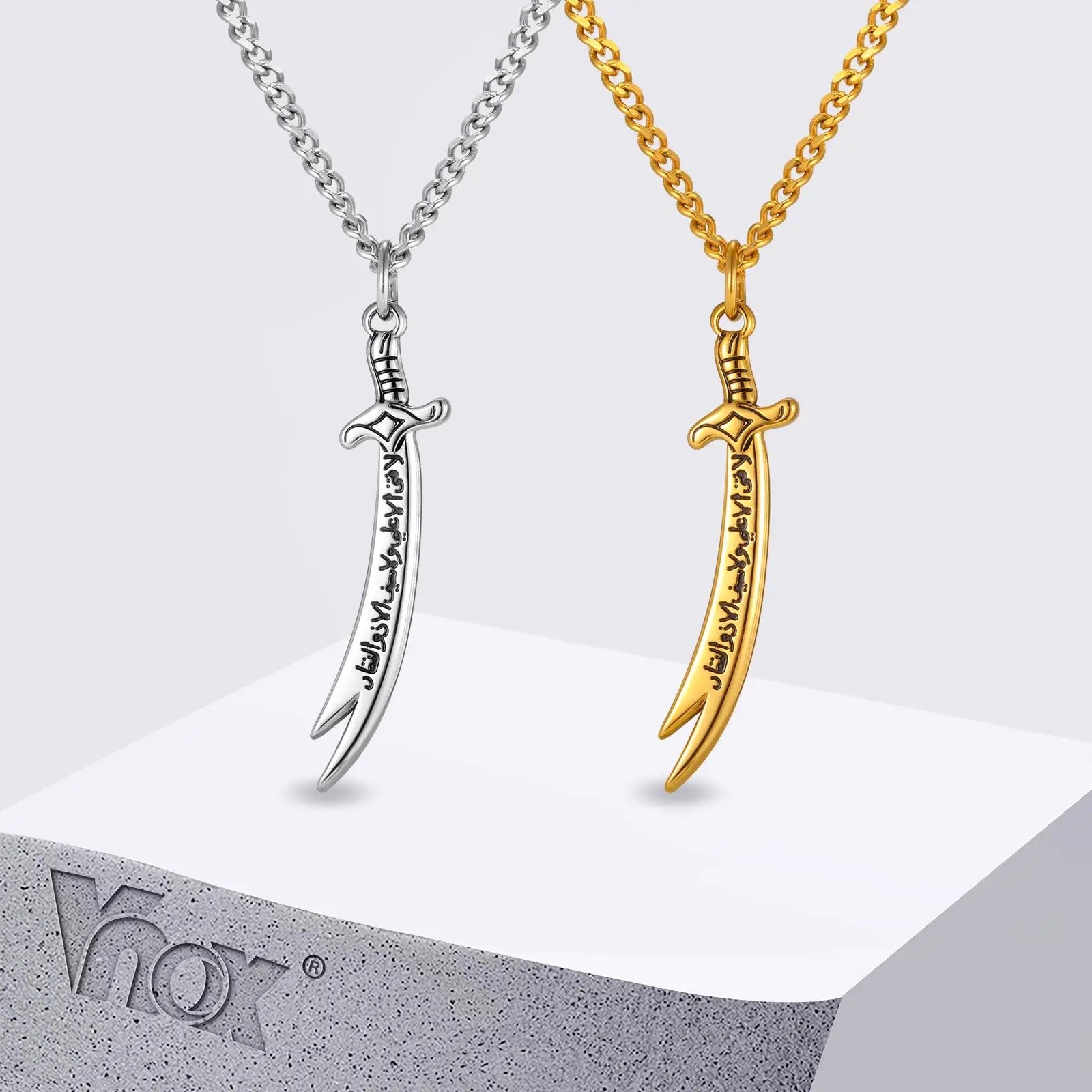 Vnox Islamic Zulfiqar Sword Pendant Necklace for Men, Stainless Steel Gold Silver Color Imam Ali Talisman Amulet Religious Gifts