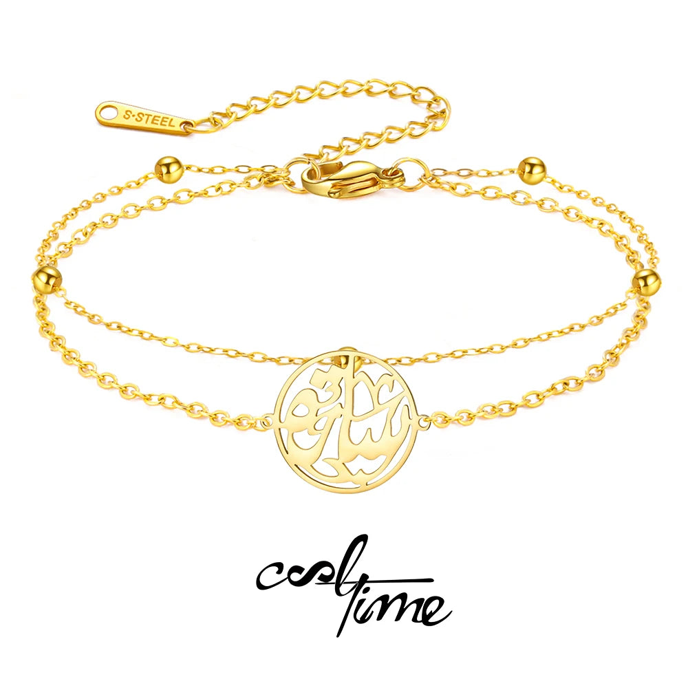 Gold Color Islamic Bracelet Stainless Steel Double Layer Arabic Calligraphy Round Pendant Muslim Prayer Jewelry Religious Gift