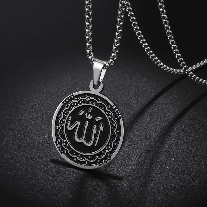 Allah Scripture Round Medal Pendant Stainless Steel Necklace Mens Islamic Jewelry Amulets Muslim Gifts