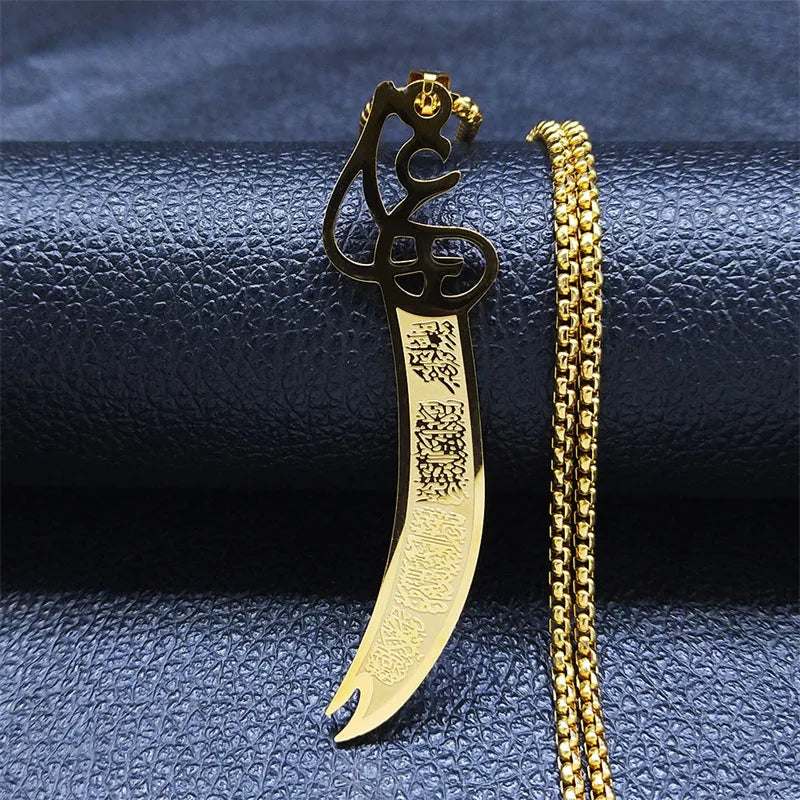 Imam Ali Arabic Sword Stainless Steel Necklaces for Men Gold Color Zulfiqar Necklace Jewelry Collares Largos N2657S01
