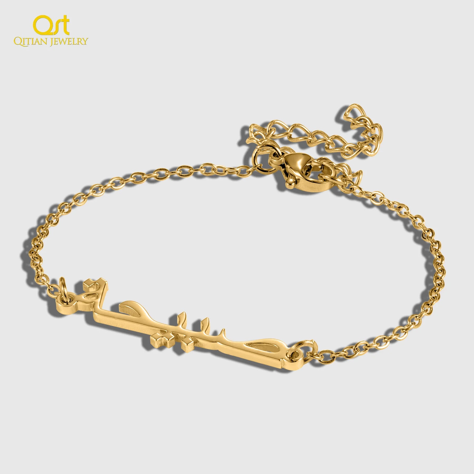 Qitian Personalized Islamic Calligraphy Bracelet Custom Arabic Name Bracelet 18k Gold Plated Stainless Steel Muslim Jewelry Gift