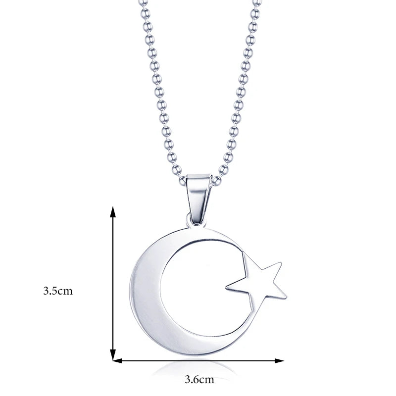 Men's Women's Spirit Stainless Steel Crescent Star Necklace Islamic Muslim Amulet Pendant Turkish Religious Jewelry Accessories