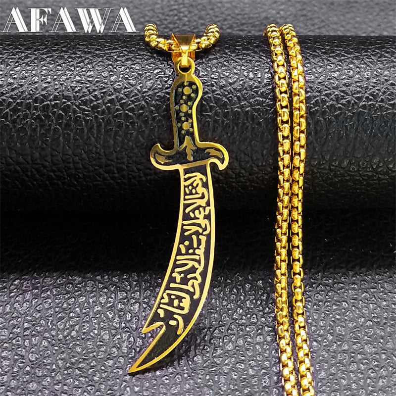 Arabic Ali Sword Knife Chain Necklaces for Men Stainless Steel Gold Color Muslim Islamic Necklace Jewelry collar acero N558S02