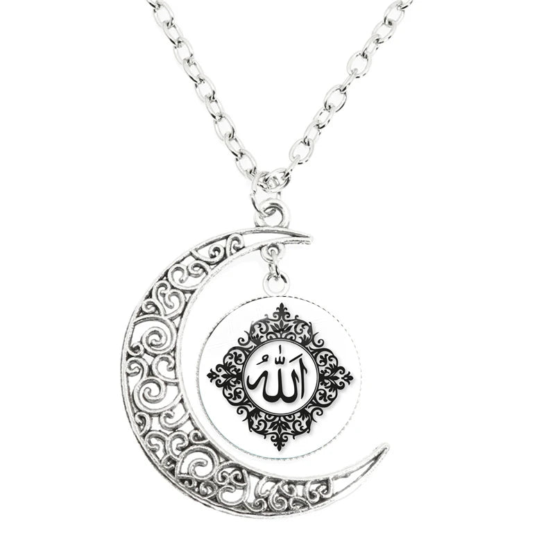 New Islamic Muslim Arab Moon Necklace Allah Logo Glass Pendant Diy Handmade Give Friends Gift Jewelry