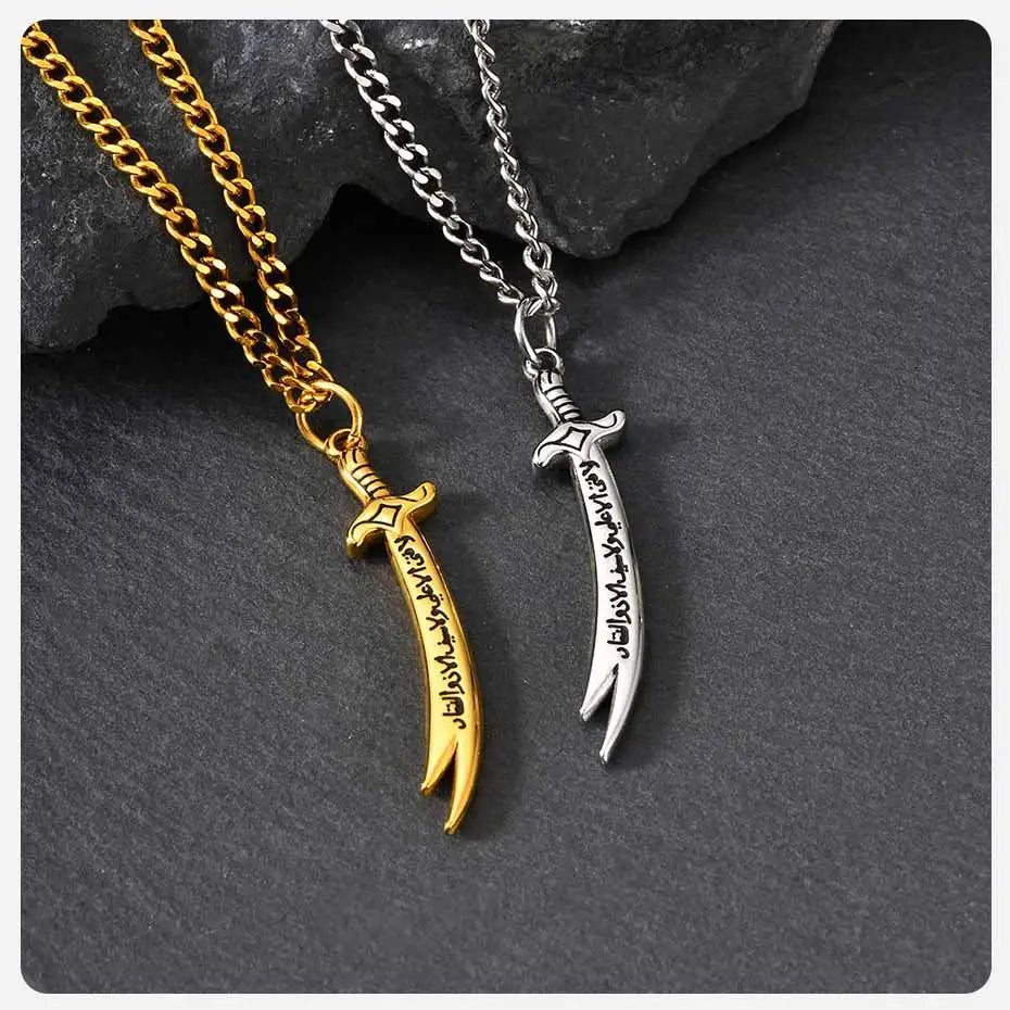 Vnox Islamic Zulfiqar Sword Pendant Necklace for Men, Stainless Steel Gold Silver Color Imam Ali Talisman Amulet Religious Gifts