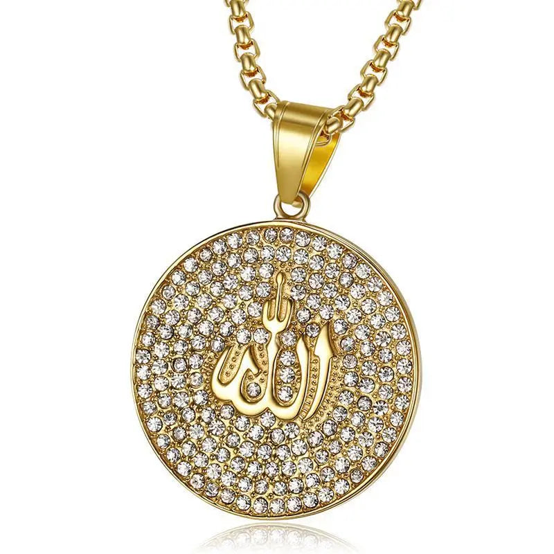 Allah Scripture Round Medal Pendant Stainless Steel Necklace Mens Islamic Jewelry Amulets Muslim Gifts